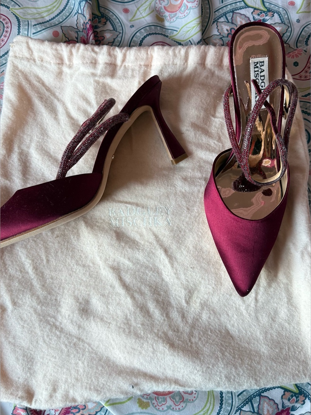 Badgley Mischka Burgundy Satin Pointed Slingback Heels with Glitter Straps